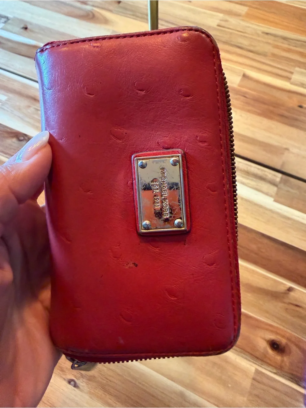 Michael Kors Vintage Red Ostrich Embossed Leather Zip Around Wallet Wristlet Y2K